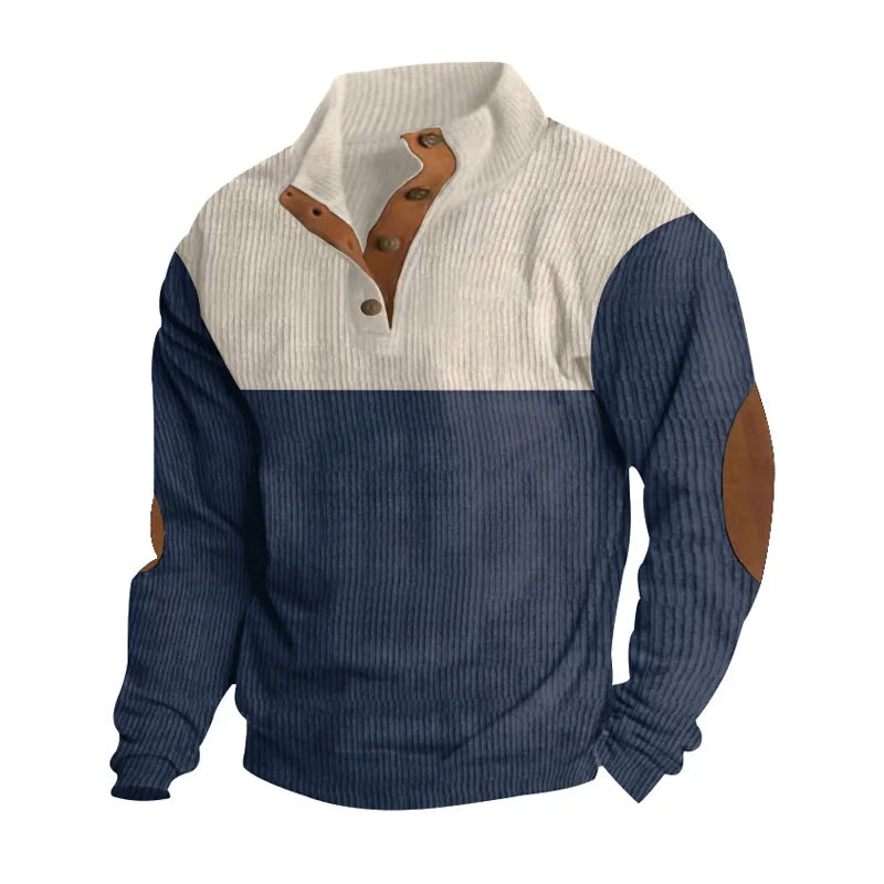 Winter Pullover - Elbow Patches - Button Neck - Sweater - Men's Clothing-Men's Pullover Sweater-Chaps of London-Navy Blue-S-Chaps of London