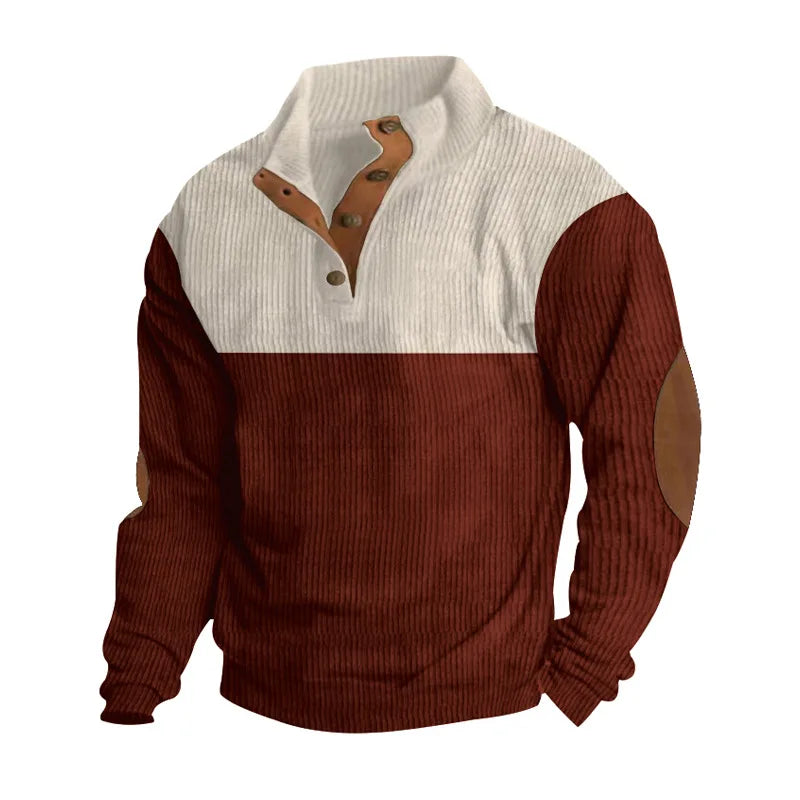 Winter Pullover - Elbow Patches - Button Neck - Sweater - Men's Clothing-Men's Pullover Sweater-Chaps of London-Red-S-Chaps of London