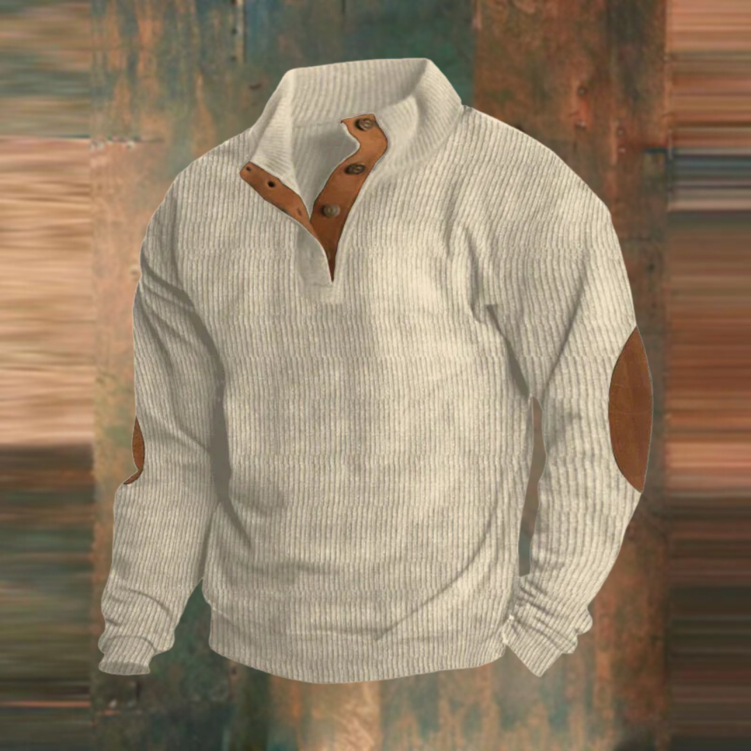 Winter Pullover - Men's Warm Button Neck Pullover Sweater with Elbow Patches-Men's Pullover Sweater-Chaps of London-Beige-S-Chaps of London