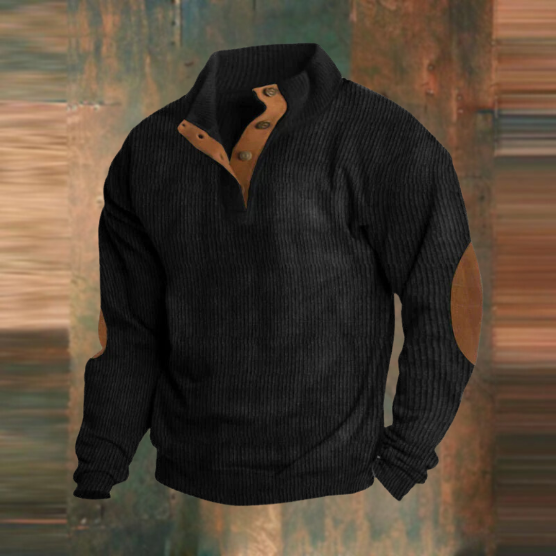 Winter Pullover - Men's Warm Button Neck Pullover Sweater with Elbow Patches-Men's Pullover Sweater-Chaps of London-Black-S-Chaps of London