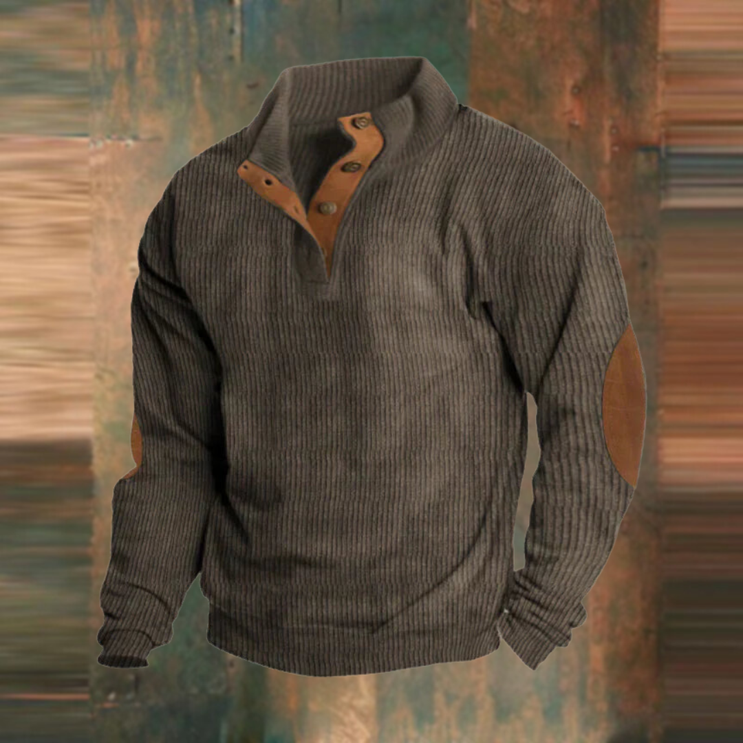 Winter Pullover - Men's Warm Button Neck Pullover Sweater with Elbow Patches-Men's Pullover Sweater-Chaps of London-Brown-S-Chaps of London