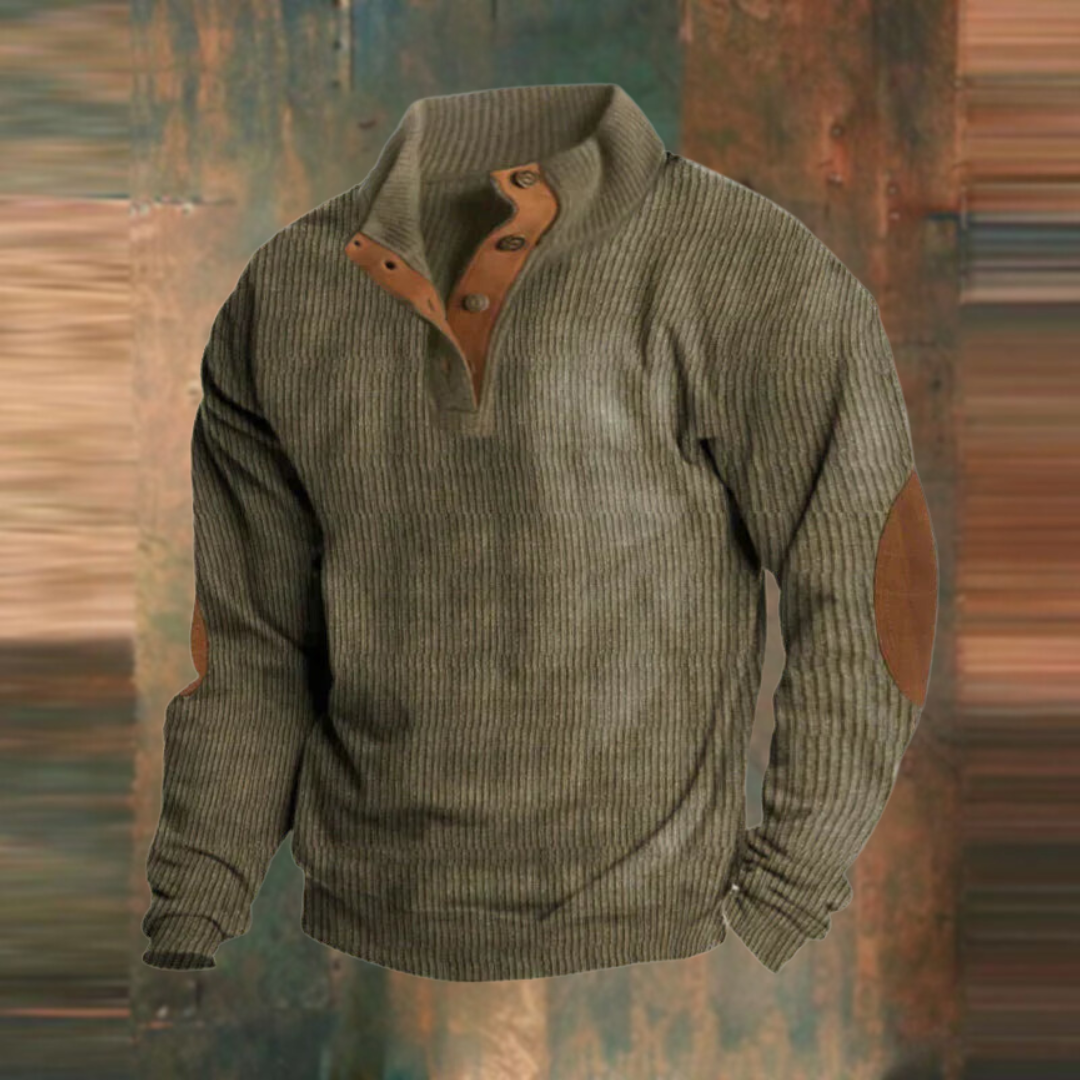Winter Pullover - Men's Warm Button Neck Pullover Sweater with Elbow Patches-Men's Pullover Sweater-Chaps of London-Green-S-Chaps of London