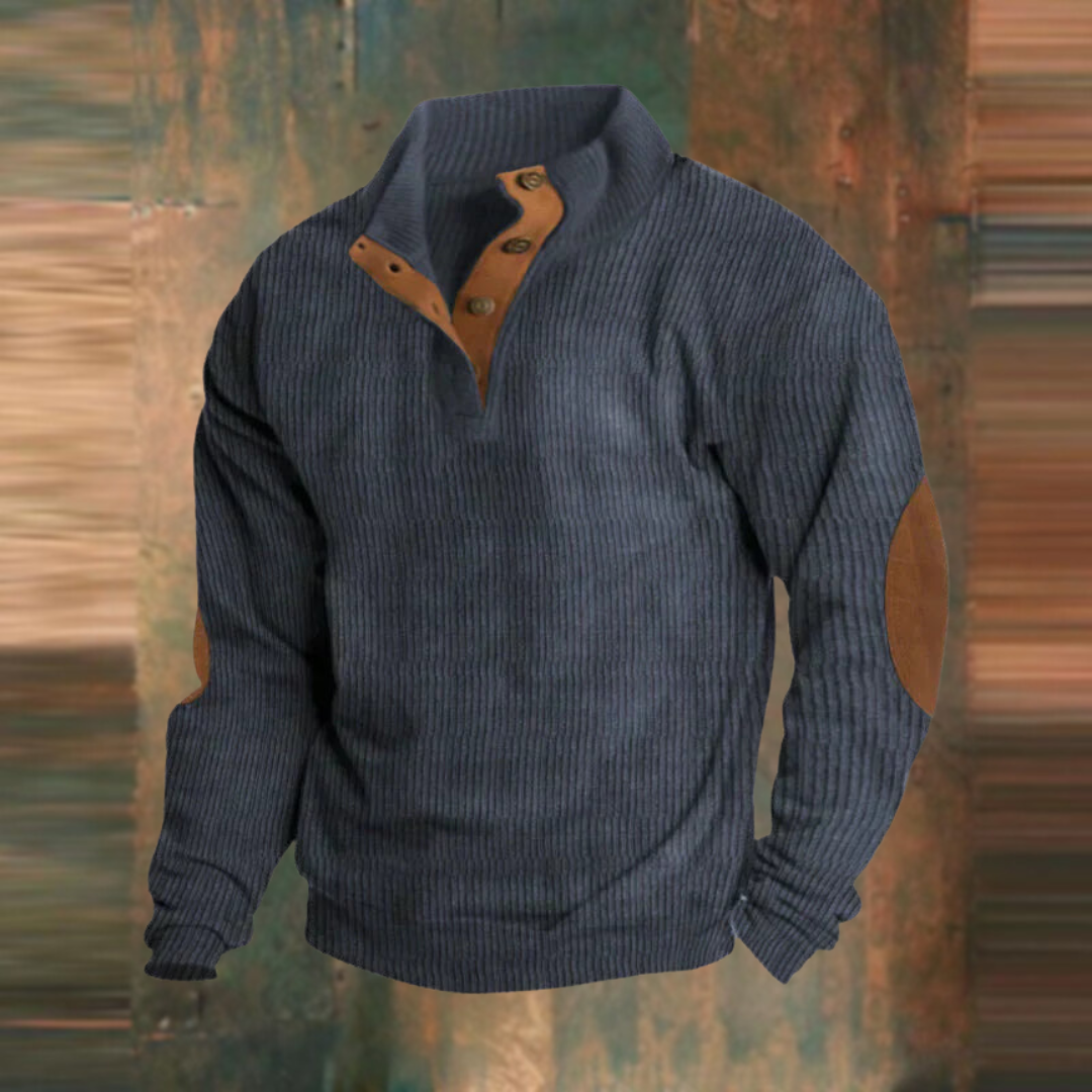 Winter Pullover - Men's Warm Button Neck Pullover Sweater with Elbow Patches-Men's Pullover Sweater-Chaps of London-Navy Blue-S-Chaps of London
