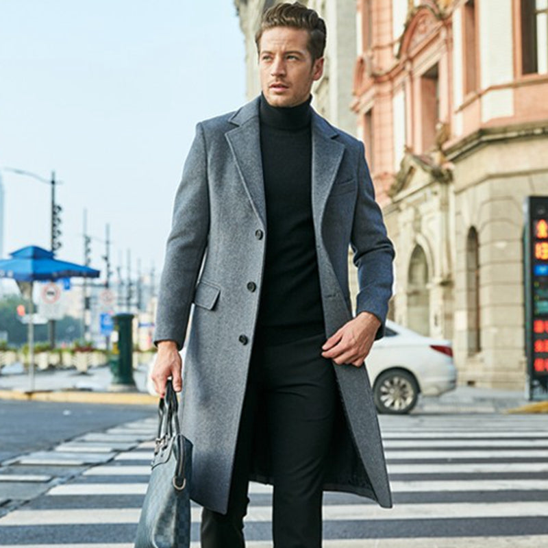 Wool Trench Coat - Men's Stylish Long Single Breasted Trench Coat-Men Coat-Chaps of London-Gray-S-Chaps of London