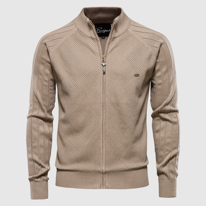 Zip-Up Sweater | Full Zip | Knitted | Zipper Cardigan | Men's Cardigan-Men's Zip Cardigan-Chaps of London-Beige-M-Chaps of London